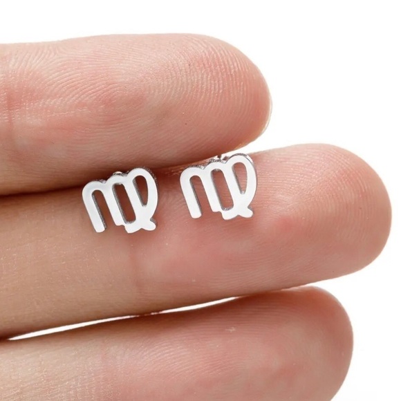 Moon Goddess Emporium Jewelry - 3 For $35 18K White Gold (Rhodium) Unisex Virgo Zodiac Sign Minimalist Earrings